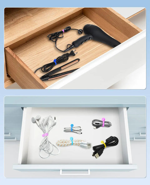Drawer with cords organized by 20 Piece Magnetic Cable Organizer Clips For Cable Management 7.48 Inch Set Reusable Silicone Cord Holder