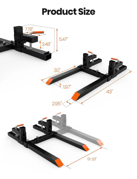 Beefy 43 Inch Clamp On Pallet Forks For Skid Steer 2000 Lb Capacity Heavy Duty Carbon Steel Attachment Product Size Diagram