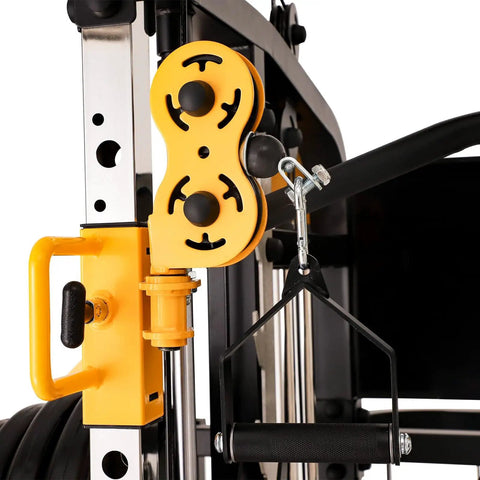Close-up of yellow accents and pulley system on All In One Home Gym System With Smith Machine And Adjustable Lever Arms 2 To 1 Pulley Ratio Commercial Grade Squat Rack Dual 440lb Weight Stacks And Attachments For Safe Solo Training