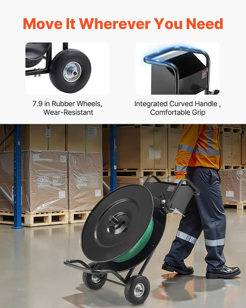 Road Ready Banding Strapping Cart For Pet And Polypropylene Coils Handles Eight Or Sixteen Inch Cores with rubber wheels and handle.