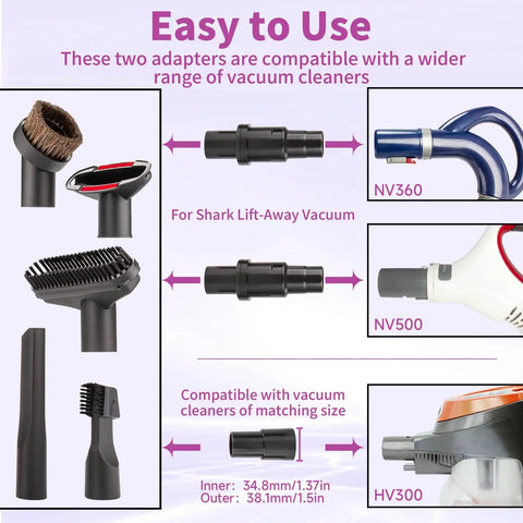 Seven Piece Vacuum Attachments Kit With Hose Adapter showing compatibility with Shark NV360 NV500 and HV300 models