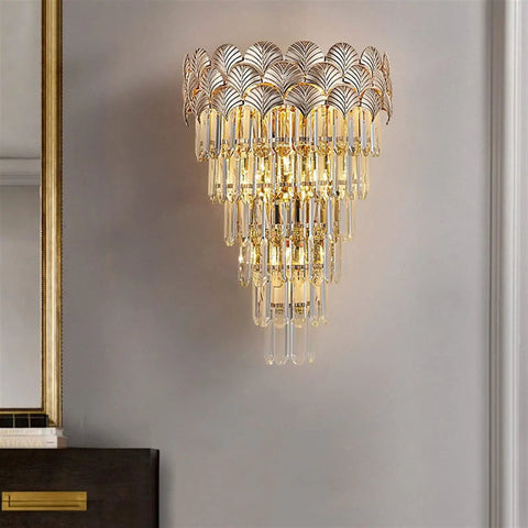 Straight Up Luxe Crystal Wall Lamp For Modern Interiors Featuring Top Tier Craftsmanship With Sturdy Metal Construction And Precision Cut Glass That Drops Beautiful Ambient Vibes For Your Hallway Or Living Room, showcasing elegant design with gold and clear glass details.