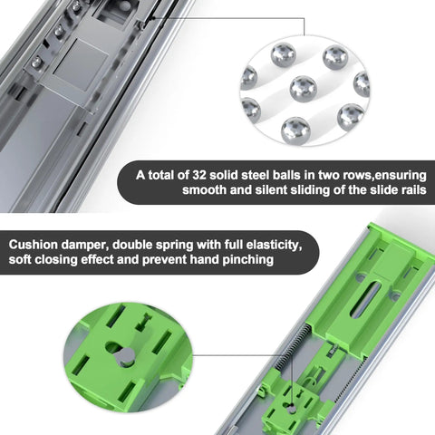 Close-up of 22 Inch Soft Close Drawer Slides Side Mount Full Extension 3 Fold Ball Bearing Runners showing steel balls and damper