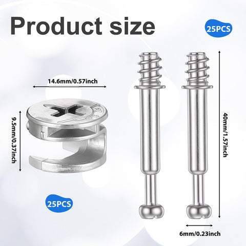 25 Sets Furniture Cam Lock Fasteners And Connecting Dowels 50 Pieces In Clear Storage Box size details with measurements