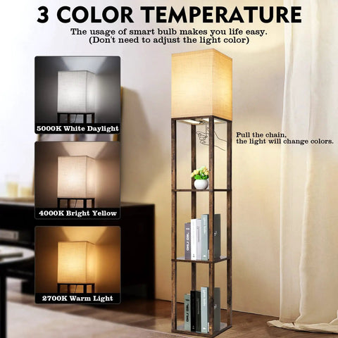 Floor Lamp With Shelves Triple Display 63 Inch Tall Space Saving Standing Corner Light With 3 Color Temperature 8W Bulb Wood Brown Modern Style