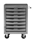 21 Inch Lockable Rolling Tool Chest With Tough As Nails Steel Build And Smooth Ball Bearing Slides Parking Brake Casters For Easy Shop Hopping Sturdy Utility Cabinet For Any Garage Project In Classic Silver front view with drawers and handle.