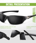 Close-up of black polarized sports sunglasses with wraparound frame, showing UV400 protection and anti-glare lenses for cycling.