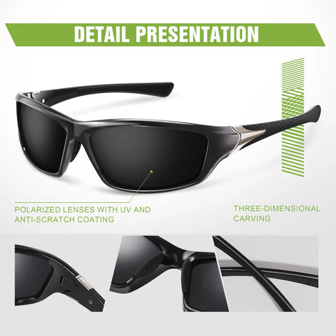 Close-up of black polarized sports sunglasses with wraparound frame, showing UV400 protection and anti-glare lenses for cycling.
