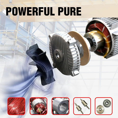 Close-up of electric hoist winch internals: metal gear, copper windings, pulley, motor rotor.