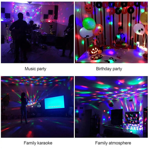 Disco Ball Party Lights With Remote, Sound Activated DJ Stage Strobe, 7 Color LED Lighting in red, green, blue at parties