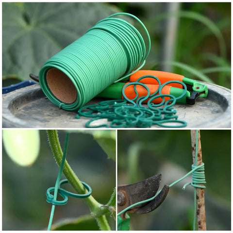 Green Twist Plant Tie Kit With 118 Feet Of Flexible TPR Garden Ties And 20 Plant Clips for plant support.