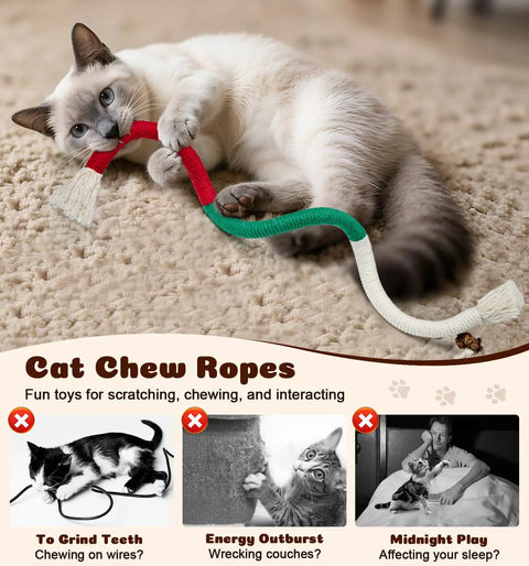 Cat playing with Cat Chew Rope Toys 4 Pack For Indoor Cats With Refillable Catnip Pouch Safe Teeth Cleaning Rope Toys