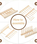 Eight Pack Bamboo Wooden Plate Rack Six Slots Kitchen Dish Drying Organizer assembly guide showing how to put together.