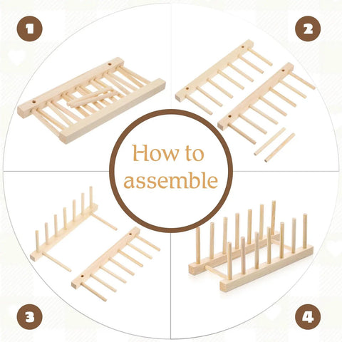 Eight Pack Bamboo Wooden Plate Rack Six Slots Kitchen Dish Drying Organizer assembly guide showing how to put together.