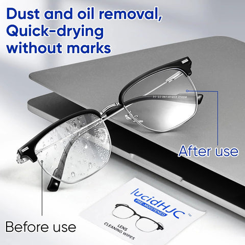 LucidHJC lens cleaning wipes packet with black eyeglasses on a laptop, showing before use and after use labels.