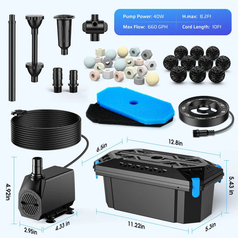 660GPH Pond Filter With RGB Auto Cycle LED Lights And Built In 40W Pump All In One Durable 3 Stage Filtration components kit