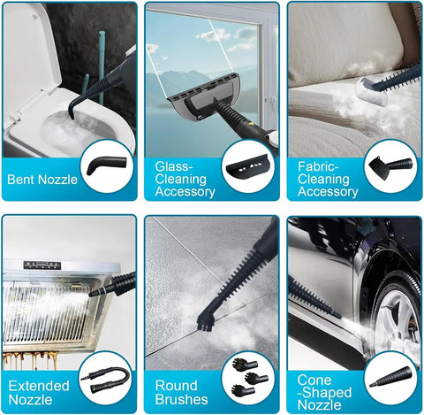 Heavy Duty Handheld Steam Cleaner Featuring Lightning Fast 15 Second Instant Heat And Muscle Packed 1200 Watt Motor, Generous 400 Ml Water Tank For Scrubbing Grout Floors With Zero Sweat accessories, including bent and extended nozzles.