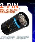 UL Certified 340-408uF Round Start Capacitor 220-250V AC 50 60 Hz Plug In Replacement shown with 2-pin design.