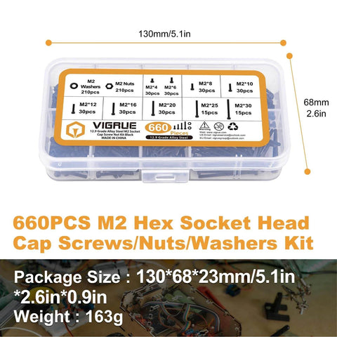 660 Piece M2 Socket Head Cap Screws Kit With Nuts And Washers Black Oxide 2mm Thread Hex Drive in clear box