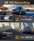 Front And Rear 4K Dash Cam For Cars With Dual Recording, Built-In 5G WiFi GPS, 64GB Card Included, 3.2 Inch IPS Screen, image showcasing front 4K UHD and rear 1080P HD recording