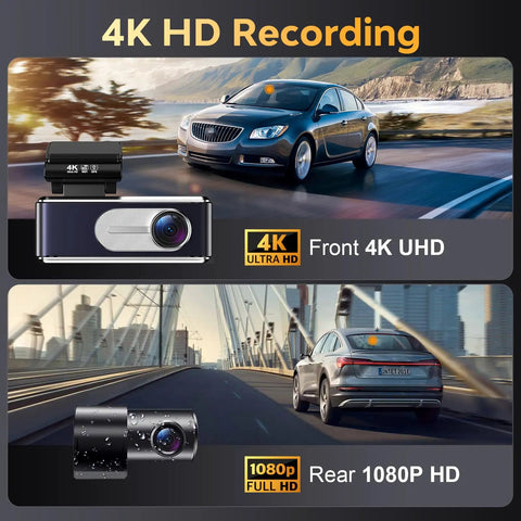 Front And Rear 4K Dash Cam For Cars With Dual Recording, Built-In 5G WiFi GPS, 64GB Card Included, 3.2 Inch IPS Screen, image showcasing front 4K UHD and rear 1080P HD recording