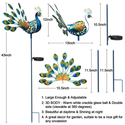 Peacock Solar Garden Stake Lights For Pathways And Backyard Decor, 43-inch durable metal ornament with adjustable parts, elegant design.