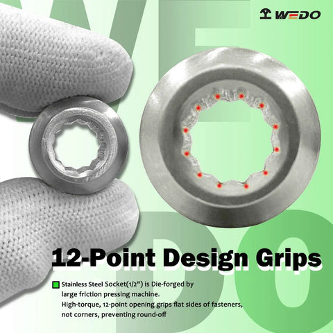 Close-up of 12-point grip from 24 Piece Half Inch Drive Socket Set With Mechanics Ratchet Wrench Extensions Universal Joint And Tools Kit