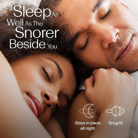 Couple sleeping peacefully using Sleep Deep Ear Plugs For Catching Zs And Focus With 3D Oval Shape Soft Reusable Earplugs