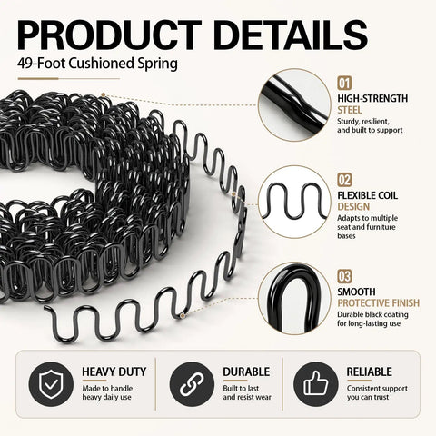 Heavy Duty 45 Foot Zig Zag Upholstery Springs For Couches Badass Rock Solid Wavy S Shape sofa seat base supports in a roll.
