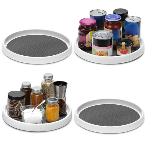 12 Inch Non Skid Turntable Lazy Susan Organizer 4 Pack for cabinet countertop pantry with spices and cans displayed