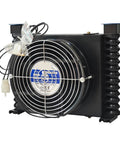 10 LPM Industrial Air Oil Cooler With Dust Proof Filter And Centrifugal Fan DC 24V Heavy Duty Pro Grade Cooling For Engineering Machinery And Mobile Equipment Built Tough To Beat The Heat., black unit with fan guard and wiring