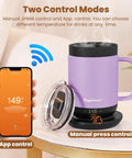 Purple Precision Temp Control Self Heating Coffee Mug with App and manual controls on a charging coaster.