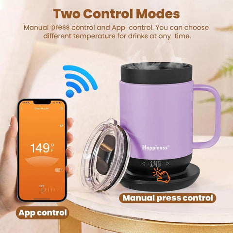 Purple Precision Temp Control Self Heating Coffee Mug with App and manual controls on a charging coaster.