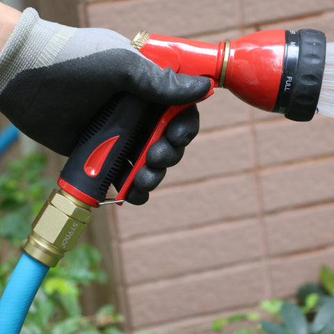 Gloved hand holding hose with Five Eighths Inch Garden Hose Connector Repair Fittings Set Heavy Duty Aluminum End Hose Mender attached