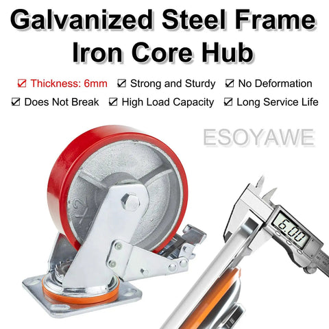 Heavy Duty Swivel Casters Set Of Four With 8 Inch Polyurethane Wheels And Secure Locking Brakes built tough, showing galvanized steel frame and iron core.