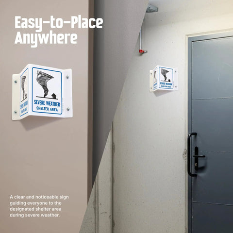 Severe Weather Shelter Area Projecting Sign 5 By 6 Inch Acrylic Outdoor Heavy Duty Direct Printed Safety Sign, wall-mounted in hallway.