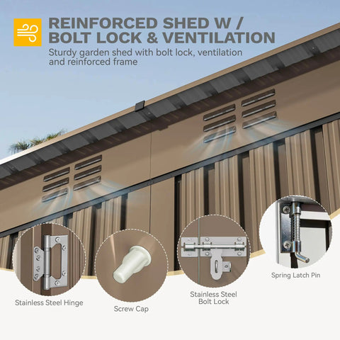 Close-up of 9x4ft large outdoor storage shed metal tool shed with lockable doors, air vent, and reinforced frame