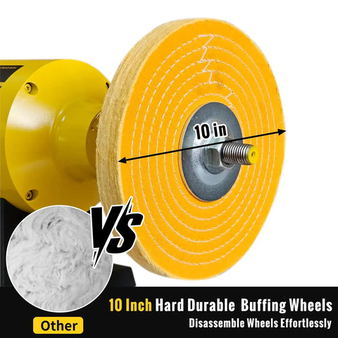 10 Inch Dual Speed Bench Buffer Polisher With Three Quarter Horsepower Induction Motor And Heavy Duty Cast Iron Base For Jewelry Metal Wood Rock Garage And Workshop Use 1750 Or 3450 RPM DIY Friendly showing 10 inch buffing wheels