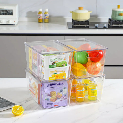 Six Pack Clear Storage Bins With Lids For Easy Organization See Through Plastic Containers With Handles filled with groceries