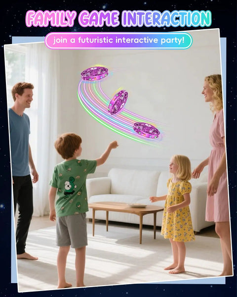 Family playing with Mini UFO Flying Toy Drone For Kids With 360-Degree Gesture Control And LED Lights indoors