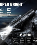1000 Lumen Tactical Flashlight with Duty Belt Holster, Rechargeable Police-Grade Light With 3 Modes on rocky surface