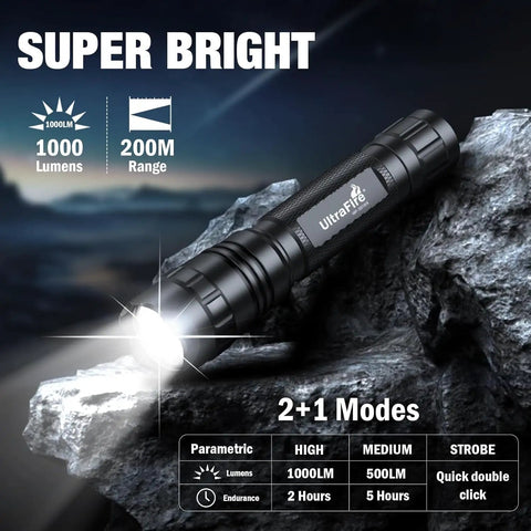 1000 Lumen Tactical Flashlight with Duty Belt Holster, Rechargeable Police-Grade Light With 3 Modes on rocky surface