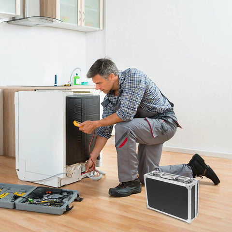 Portable Aluminum Tool Box With Lightweight Alloy Construction in use during appliance repair in home.