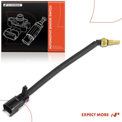 A-Premium coolant temperature sensor with wiring harness and brass probe, shown with packaging box