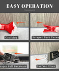 3 In 1 Caulking Tools Kit with stainless steel head and scraper demonstrating caulking, scraping, and cleaning on surfaces.
