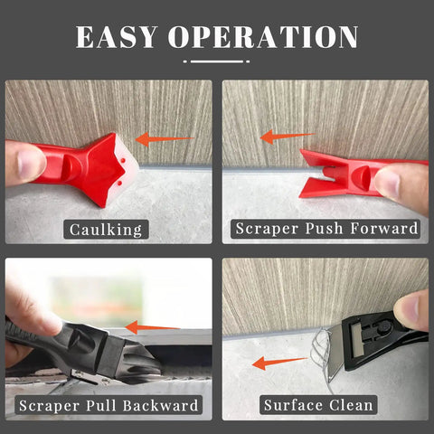 3 In 1 Caulking Tools Kit with stainless steel head and scraper demonstrating caulking, scraping, and cleaning on surfaces.