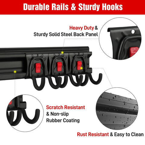 Garage Tool Organizer Wall Mount System With 64 Inch Rails And Eight Heavy Duty Adjustable Hooks for Hanging Tools