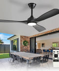 52 Inch Ceiling Fan With Light Black Three Blade Indoor And Outdoor Remote Control Dimmable Light Ultra Quiet DC Motor Reversible Six Speed With Timer For Patios And Living Rooms Energy Efficient installed on a patio ceiling with a remote control shown.
