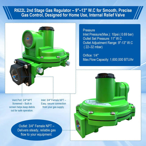 Make Sure Your LP Setup Runs Dead Nuts With This Heavy Hitter 2nd Stage Propane Regulator featuring a green design and 3/4 inch ports.