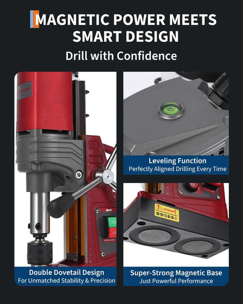 Heavy Duty Portable Magnetic Drill Press With 1450W Motor And 1.57 Inch Boring Dmg For Steel Iron Metal Jobsite Work Vertical Overhead Drilling With Twist Adapter, featuring a strong magnetic base and leveling function.